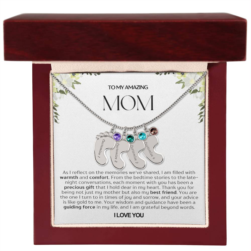 Personalized Engraved Mom Baby Feet Necklace With Birthstone