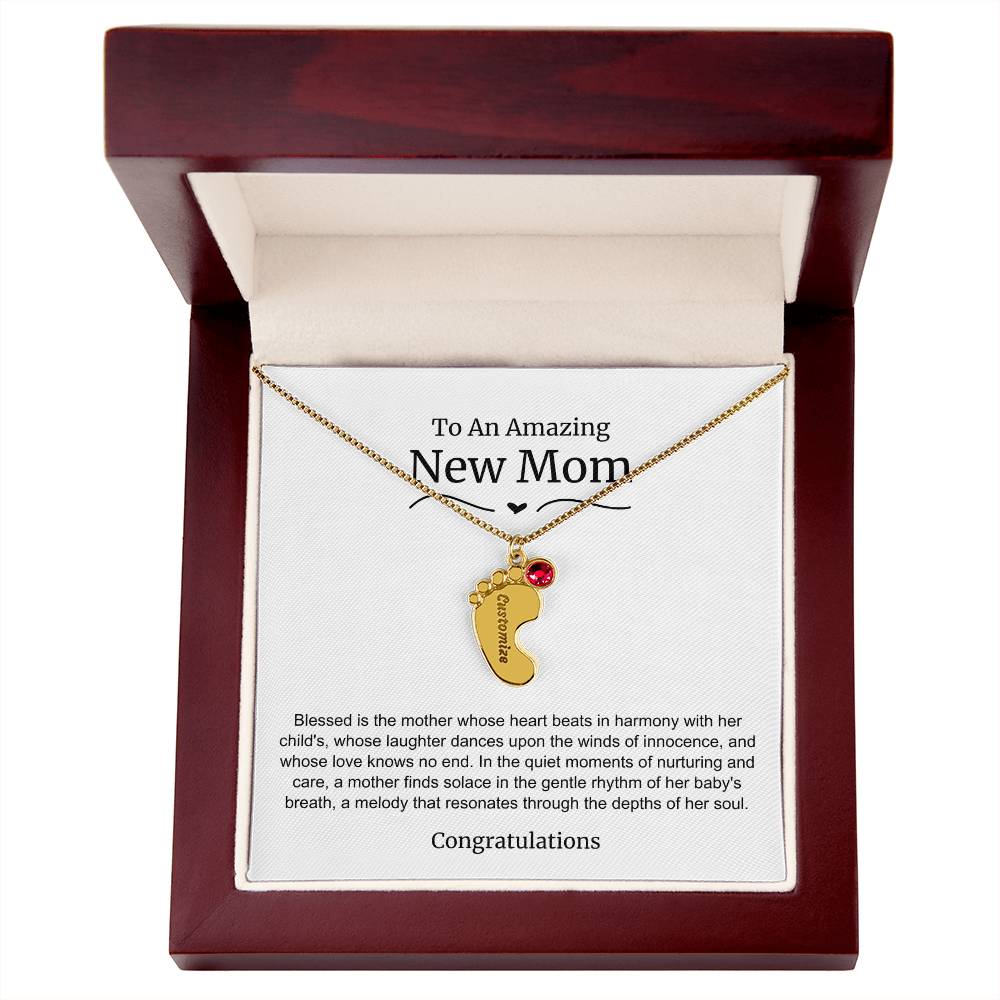 New Mom Baby Feet Birthstone Necklace