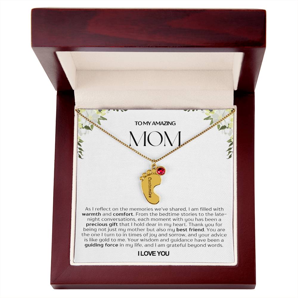 Personalized Engraved Mom Baby Feet Necklace With Birthstone