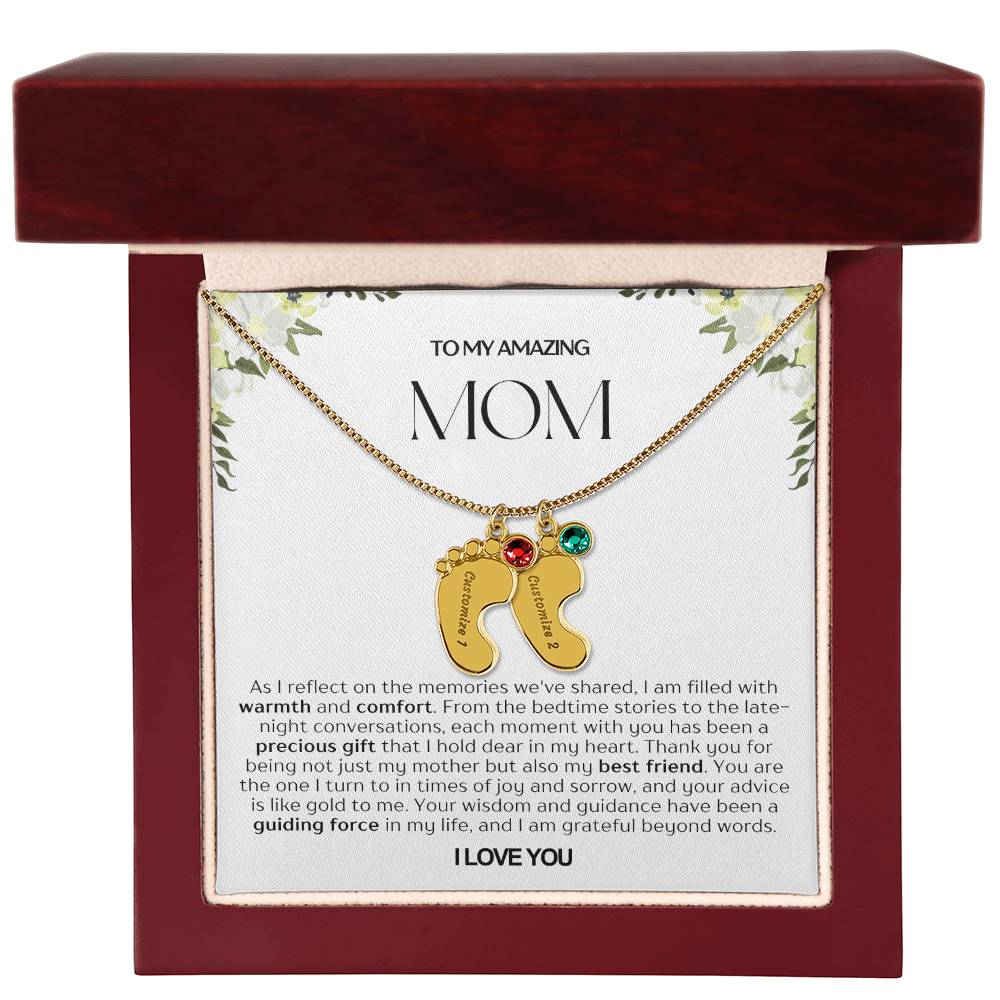 Personalized Engraved Mom Baby Feet Necklace With Birthstone