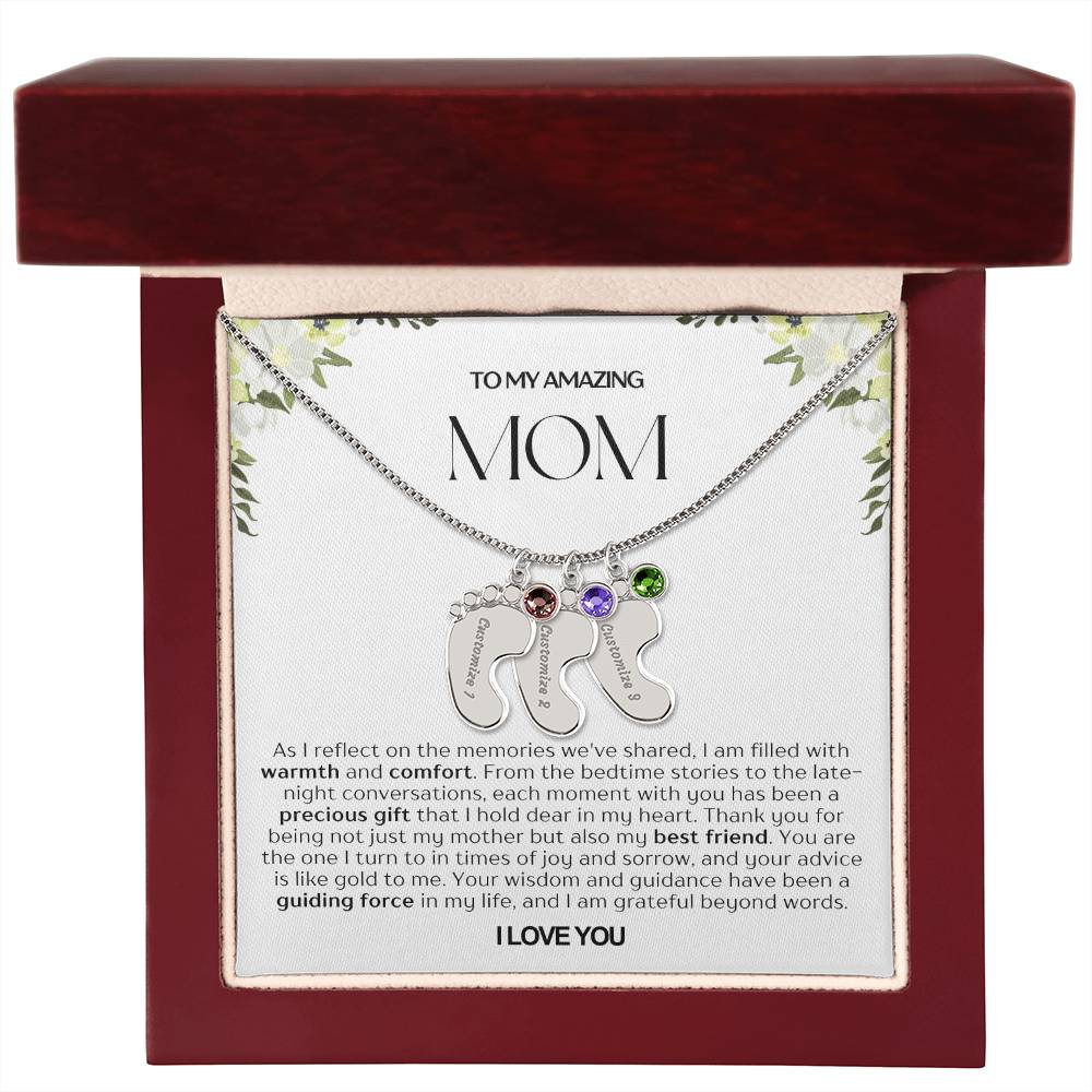 Personalized Engraved Mom Baby Feet Necklace With Birthstone