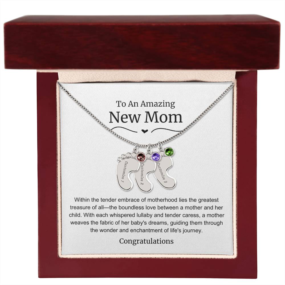 New Mom Baby Feet Birthstone Necklace