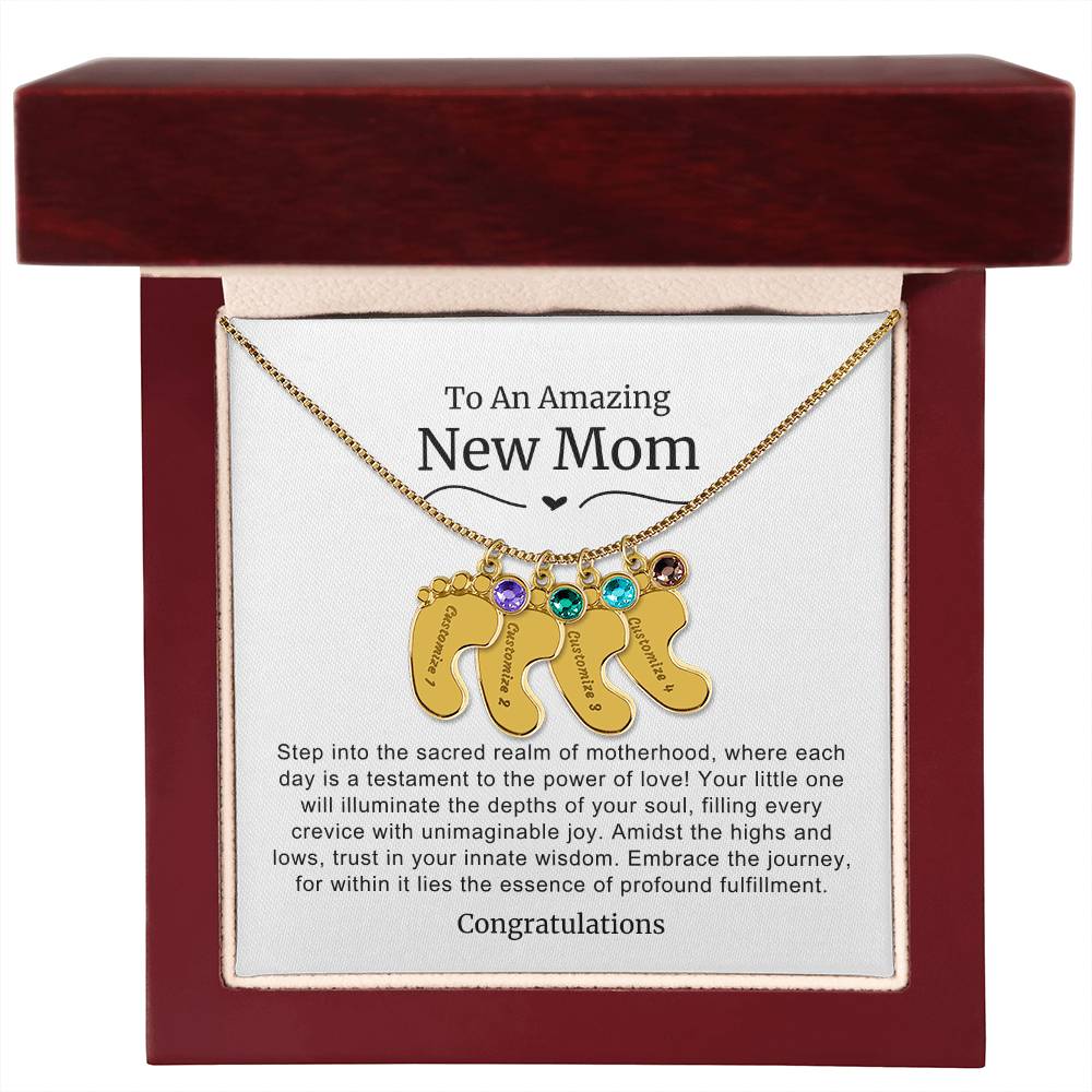 New Mom Baby Feet Birthstone Necklace