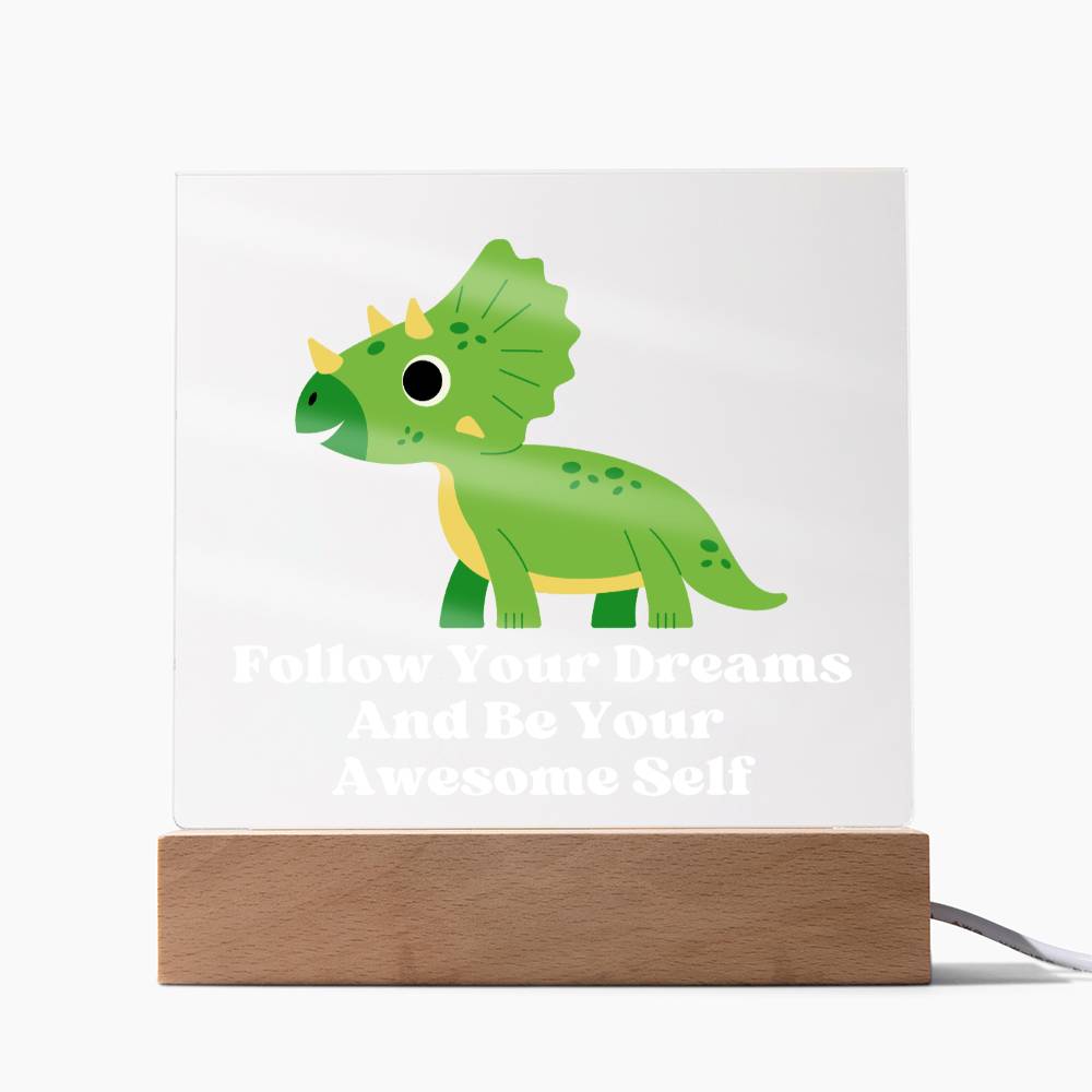 Square Night Light Plaque - Be Your Awesome Self Green Dinosaur