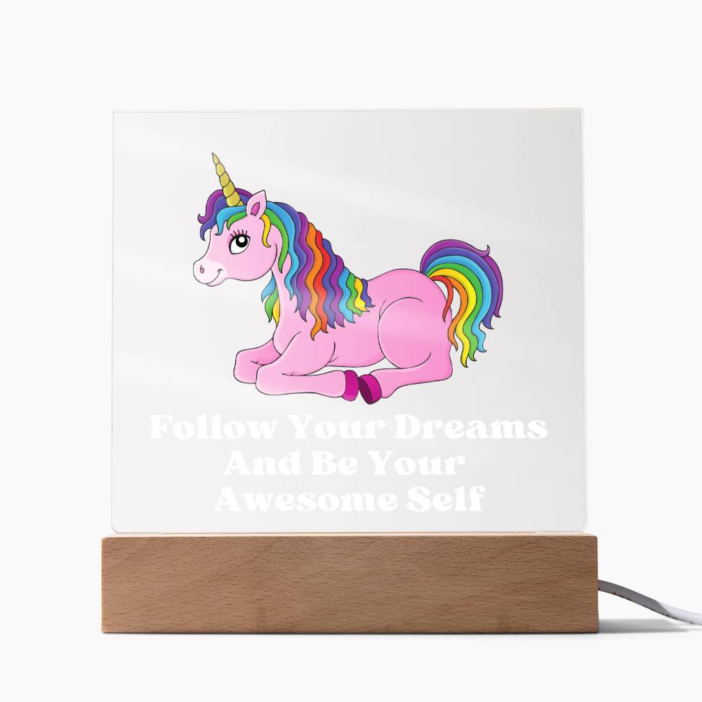Square Night Light Plaque - Be Your Awesome Self Pink Unicorn