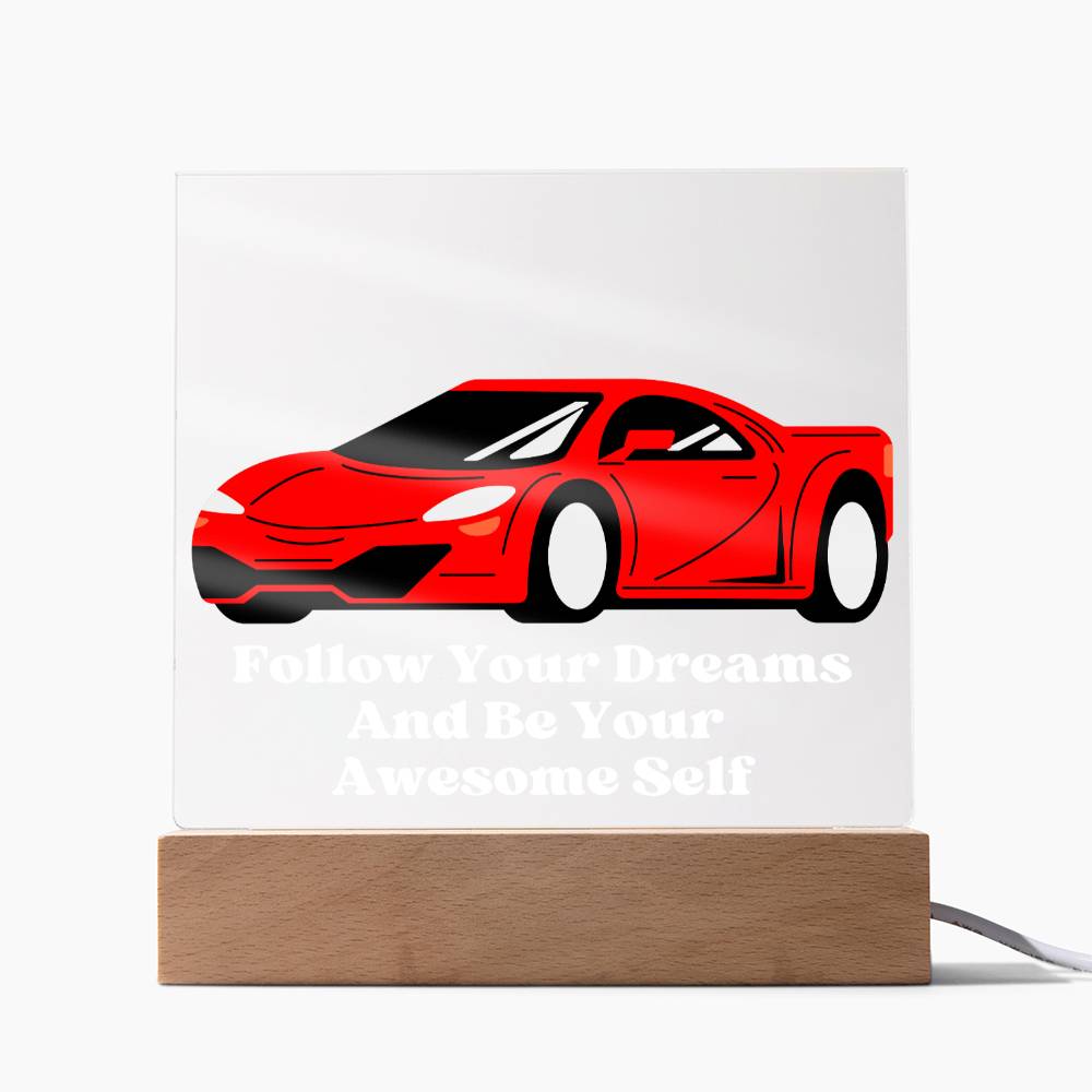Square Night Light Plaque - Be Your Awesome Self Red Sports Car