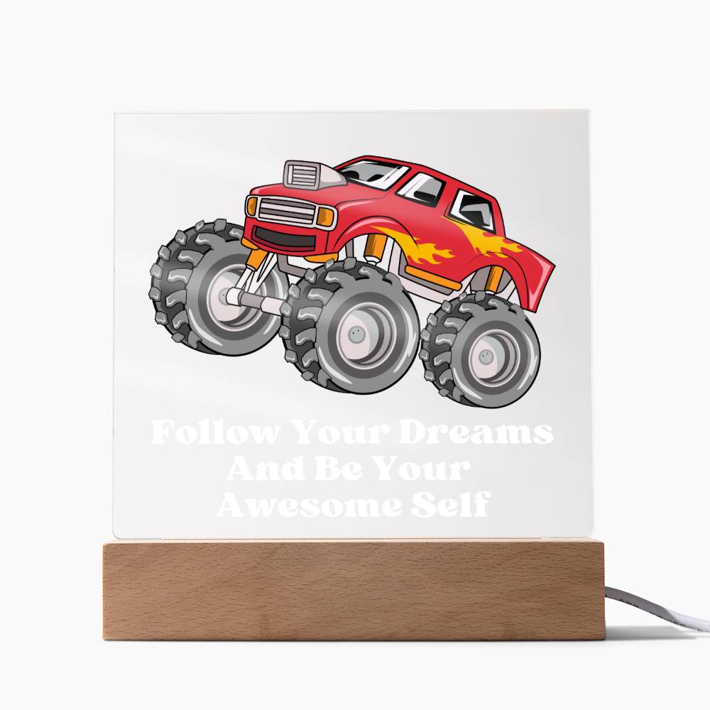 Square Night Light Plaque - Be Your Awesome Self Red Monster Truck