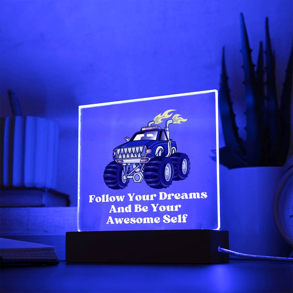 Square Night Light Plaque - Be Your Awesome Self Blue Monster Truck