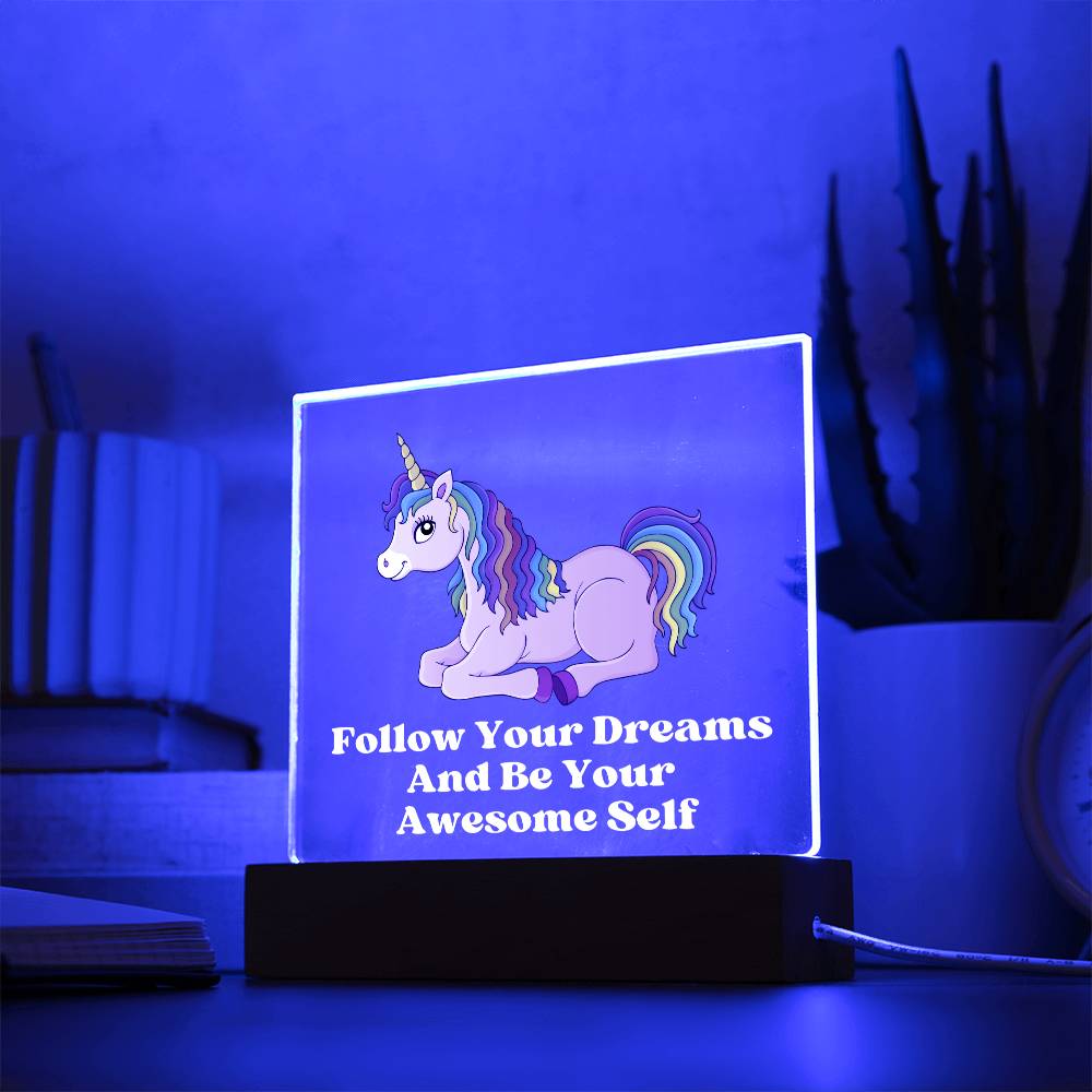 Square Night Light Plaque - Be Your Awesome Self Pink Unicorn