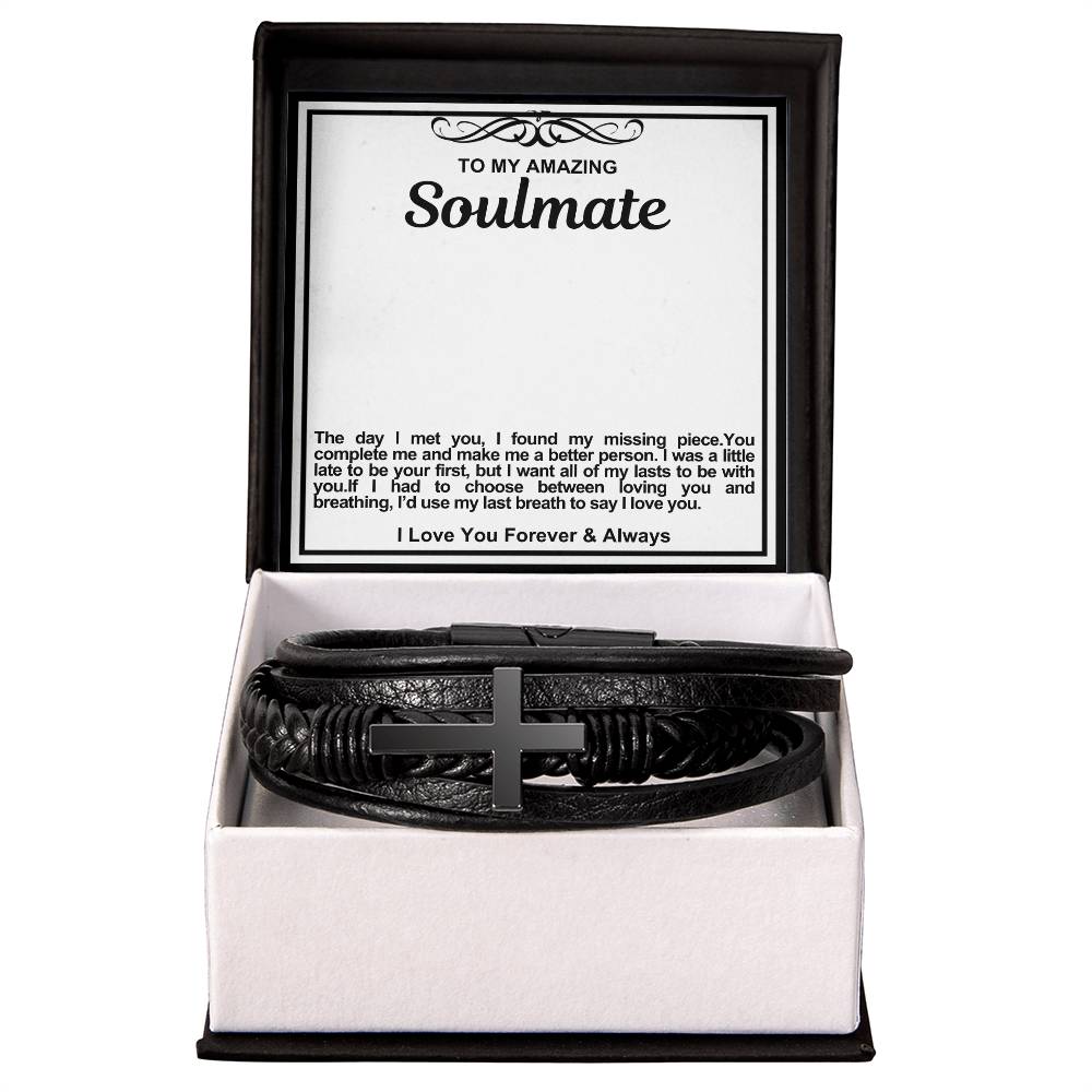 Men's Soulmate Cross Vegan Leather Bracelet- I Found My Missing Piece