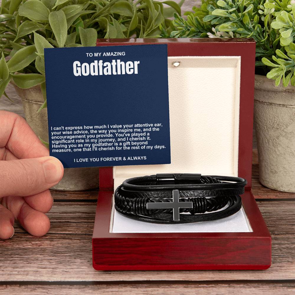 Godfather Men's Cross Vegan Leather Bracelet