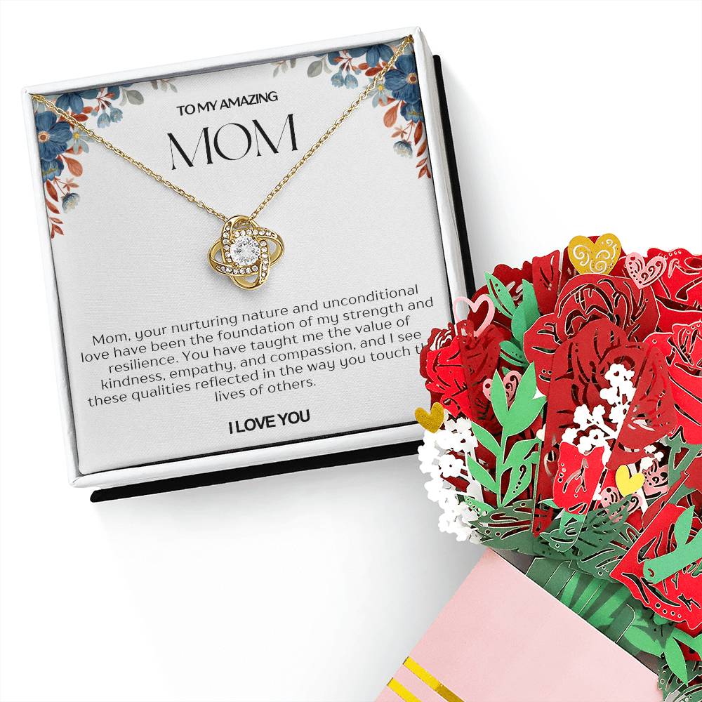 To My Amazing Mom Love Knot Necklace and Flower Bouquet Bundle