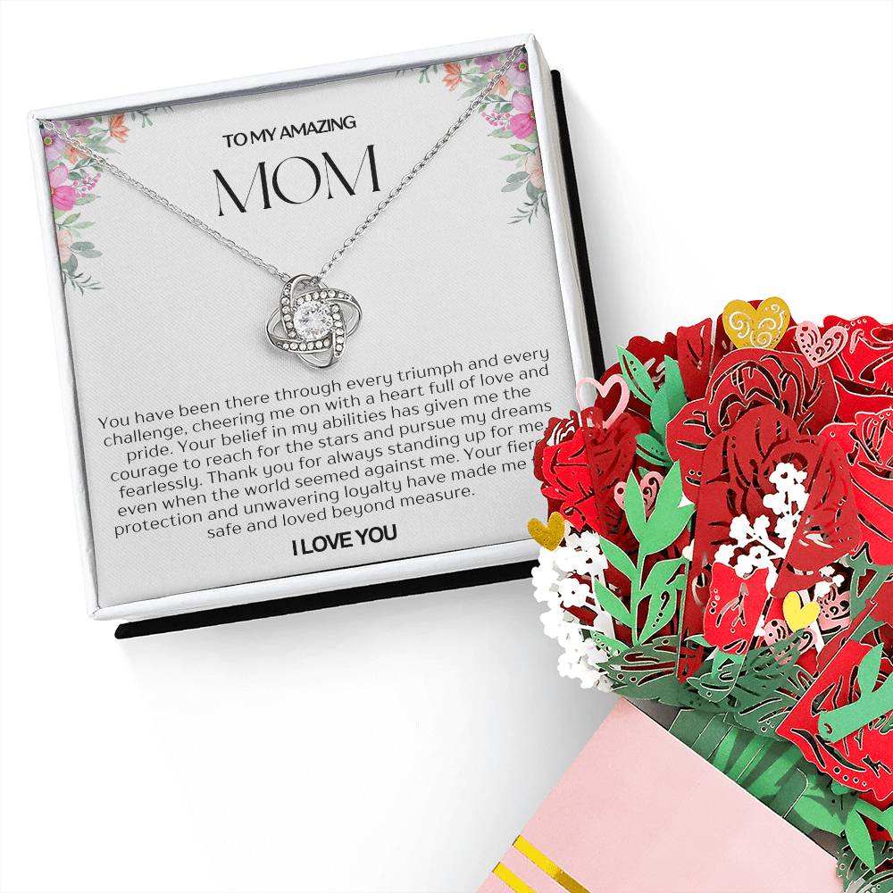 To My Amazing Mom Love Knot Necklace and Flower Bouquet Bundle