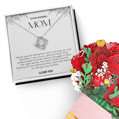 To My Amazing Mom Love Knot Necklace and Flower Bouquet Bundle