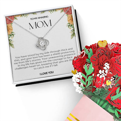 To My Amazing Mom Love Knot Necklace and Flower Bouquet Bundle