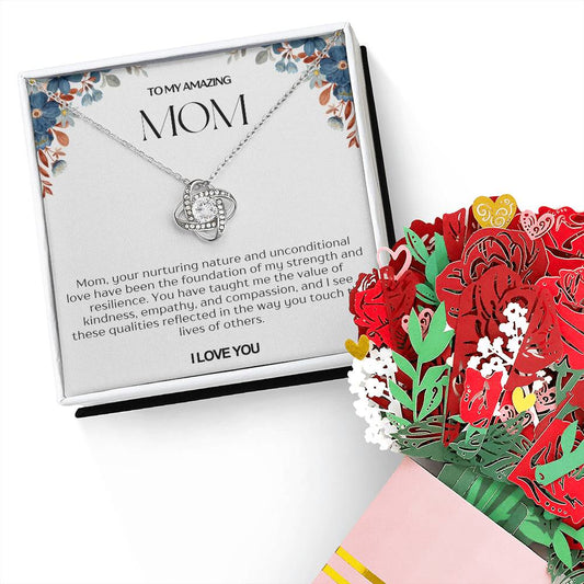 To My Amazing Mom Love Knot Necklace and Flower Bouquet Bundle