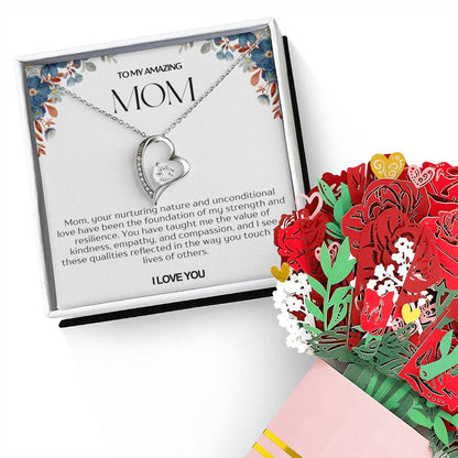 To My Amazing Mom Forever Love Necklace and Flower Bouquet Bundle