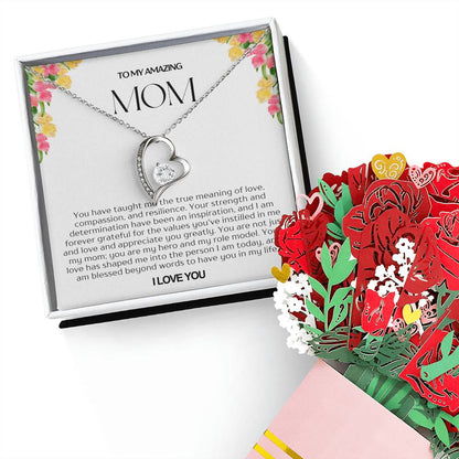 To My Amazing Mom Forever Love Necklace and Flower Bouquet Bundle