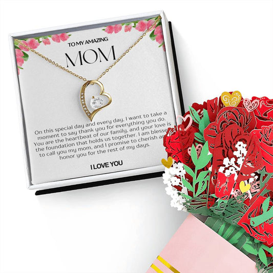 To My Amazing Mom Forever Love Necklace and Flower Bouquet Bundle