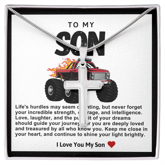 Son Red And Black Monster Truck  Stainless Steel Cross Necklace