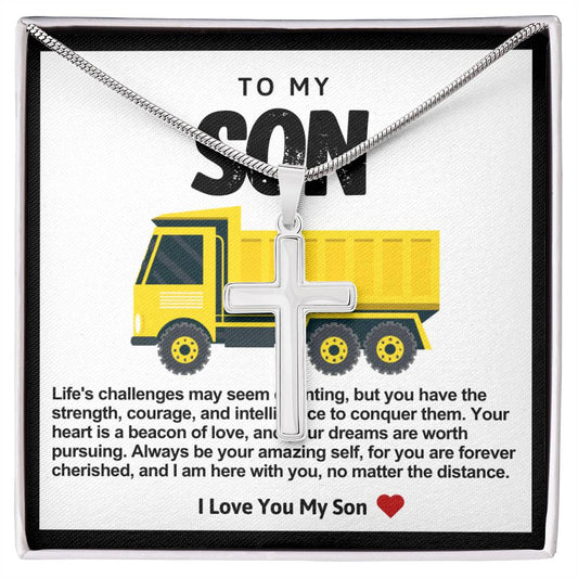 Son Yellow Dump Truck Stainless Steel Cross Necklace