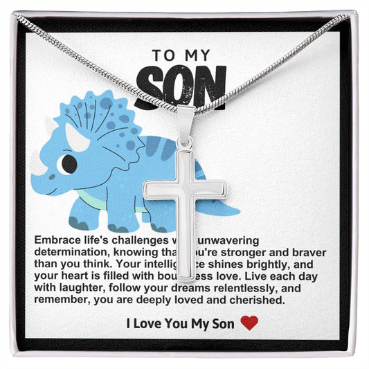 Son Blue Dinosaur Stainless Steel Cross Necklace