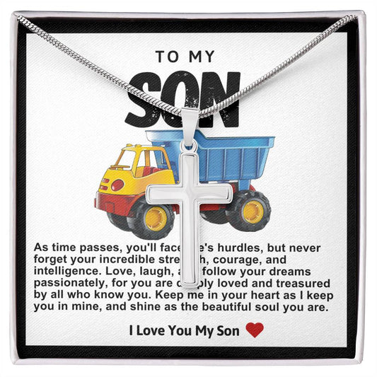 Son Yellow Red And Blue Dump Truck Stainless Steel Cross Necklace